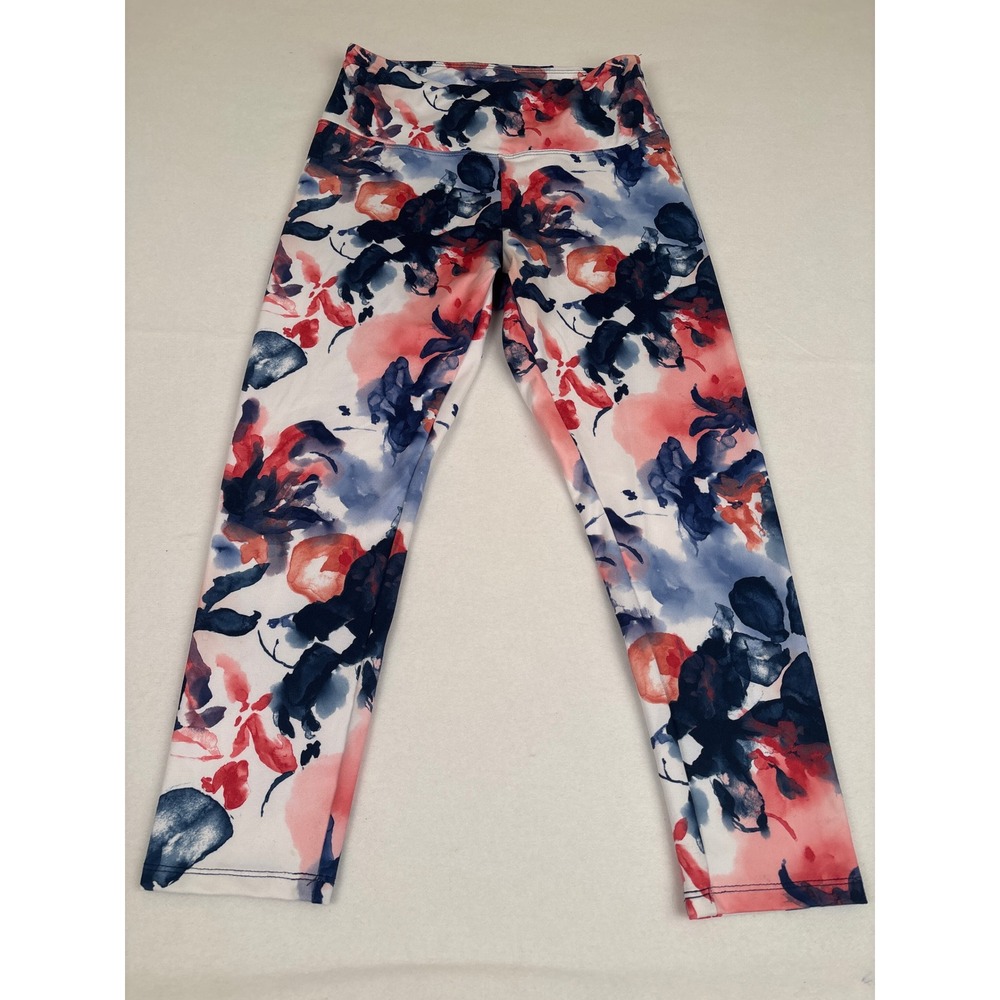 Balance Collection Womens Floral Cropped Leggings M Blue Pink‎ Watercolor Yoga